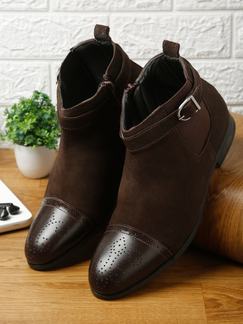 

LOUIS STITCH Men Brown Perforations Suede High-Top Flat Boots