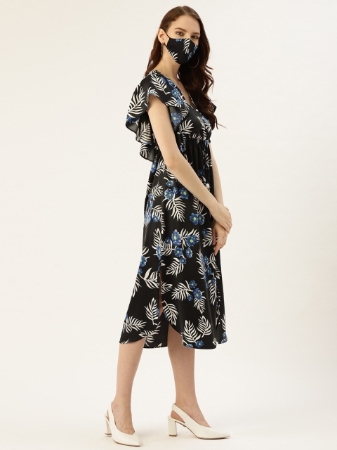 

DIVA WALK EXCLUSIVE Women Black Floral Crepe A-Line Midi Dress With Mask