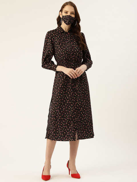 

DIVA WALK EXCLUSIVE Black & Red Floral Crepe Shirt Midi Dress with Mask