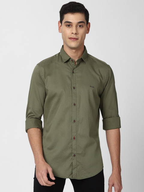 

Peter England Casuals Men Olive Green Solid Pure Cotton Slim Fit Casual Shirt