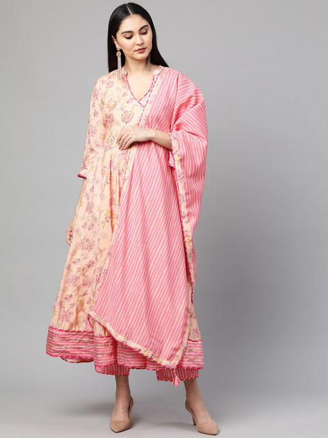 

FASHOR Women Peach-Coloured Floral Printed Angrakha Kurta with Churidar & With Dupatta