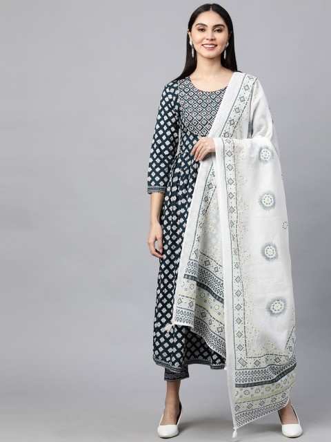 

FASHOR Women Blue Ethnic Motifs Printed Pure Cotton Kurta with Skirt & With Dupatta