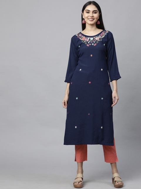 

FASHOR Women Blue Floral Hand Embroidered Kurta