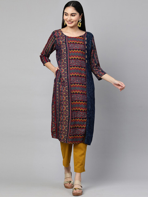 

FASHOR Women Blue & Red Ethnic Motifs Printed Kurta