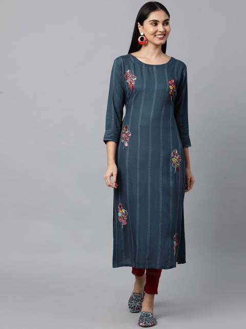 

FASHOR Women Blue Checked Thread Work Kurta