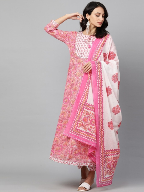 

FASHOR Women Pink Floral Printed Angrakha Pure Cotton Kurta & Palazzos With Dupatta
