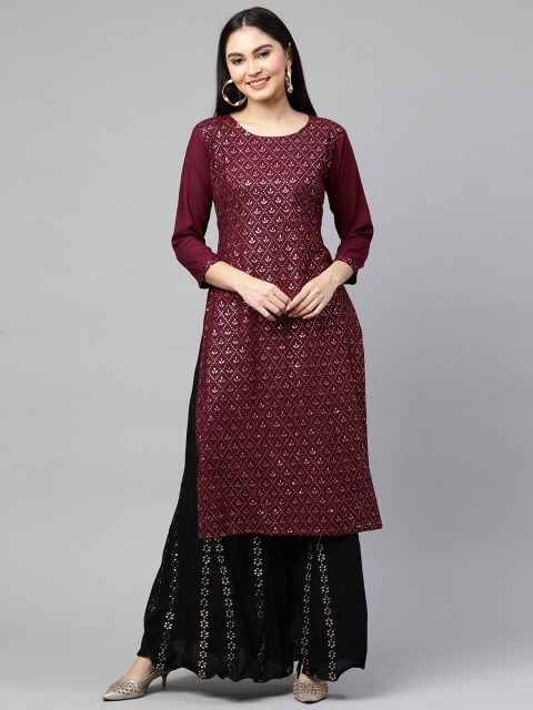 

FASHOR Women Burgundy & Gold-Toned Ethnic Motifs Embroidered Kurta
