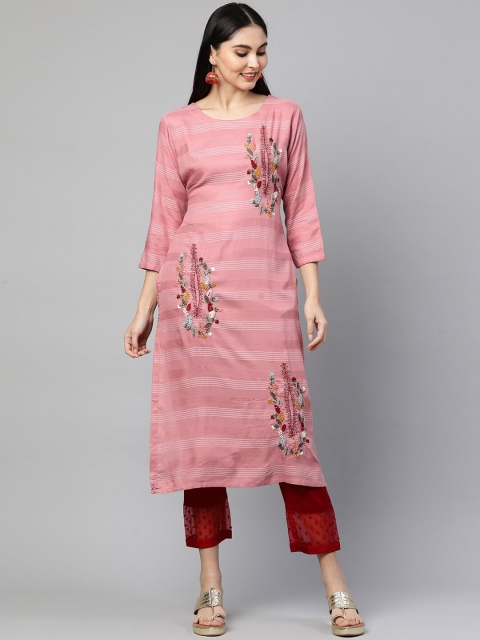 

FASHOR Women Pink Embroidered Kurta