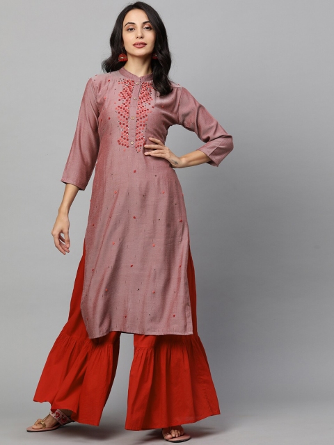 

FASHOR Women Pink Geometric Embroidered Kurta