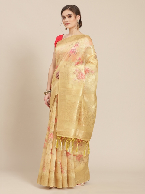 

Meena Bazaar Mustard Floral Printed & Woven Design Banarasi Saree