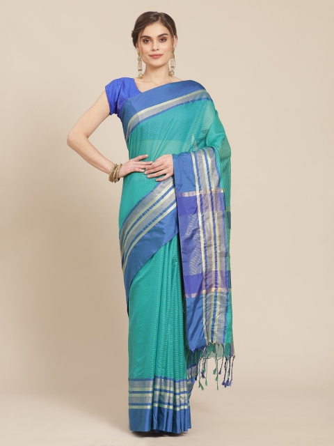 

Meena Bazaar Turquoise Blue & Black Woven Design Zari Chanderi Saree