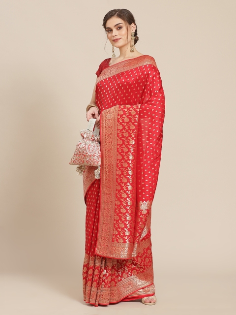 

Meena Bazaar Red & Gold-Toned Woven Design Zari Pure Silk Banarasi Saree