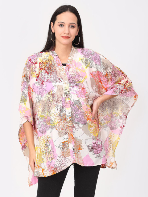 

The Mom Store White Floral Print Mandarin Collar Kaftan Top