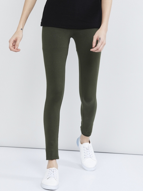 

max Women Olive Green Solid Ankle Length Leggings