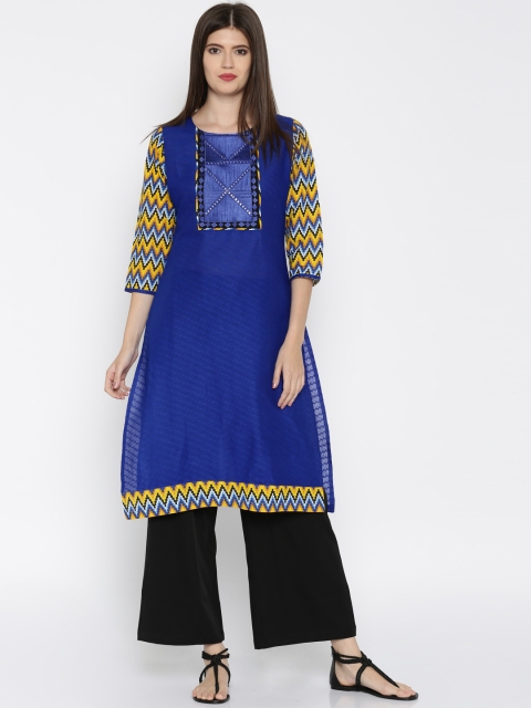 

Soch Outlet Women Blue & Yellow Woven Design Straight Kurta