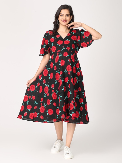 

The Mom Store Woman Black Floral Georgette Maternity & Nursing Midi Dress