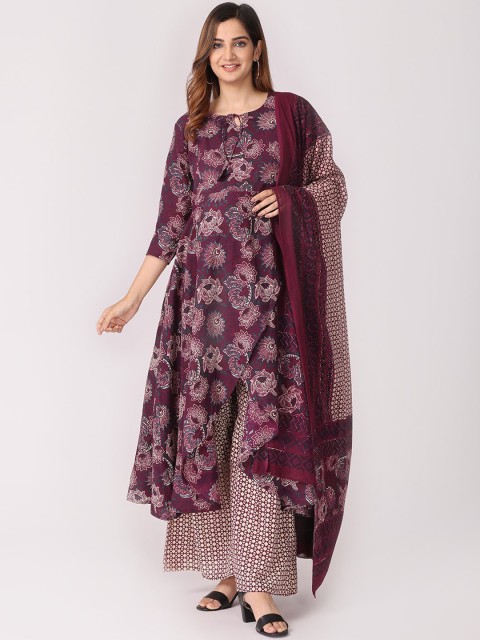 

The Mom Store Women Purple Printed Panelled Pure Cotton Kurti with Skirt & With Dupatta