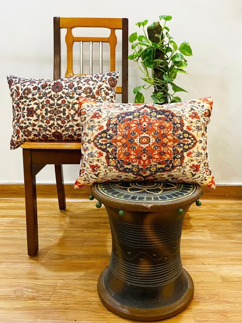 

STITCHNEST Brown & Beige Set of 2 Floral Rectangle Cushion Covers