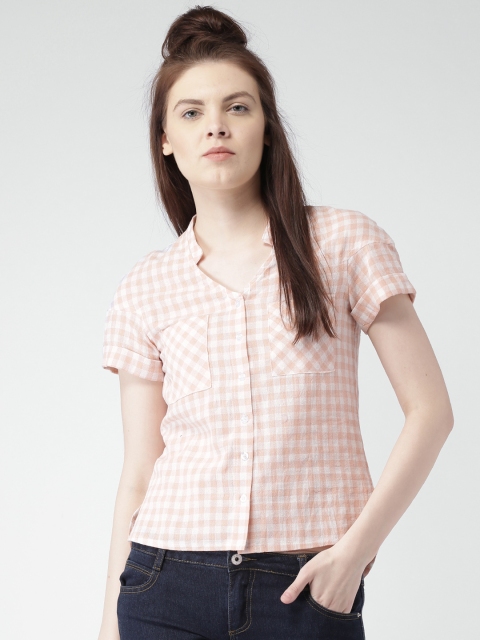 

Mast & Harbour Women Peach & White Checked Shirt-Style Top