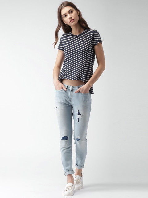 

Mast & Harbour Women Navy Blue Striped High-Low Top