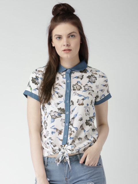 

Mast & Harbour Women White & Blue Printed Shirt-Style Top