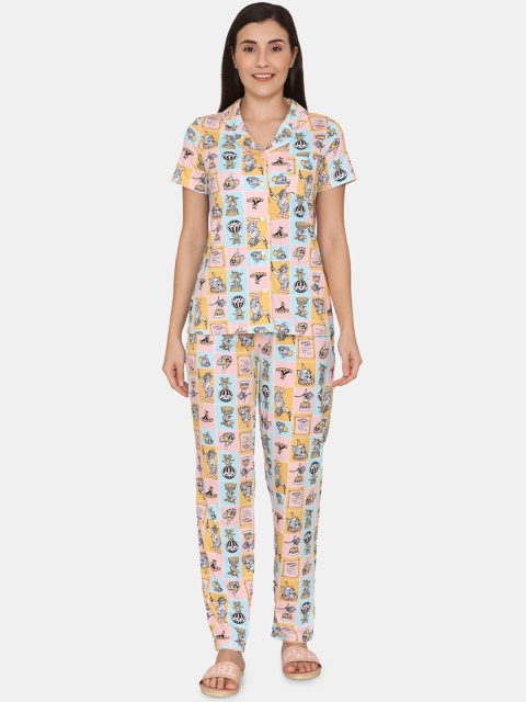 

Zivame Women Orange & Pink Printed Pure Cotton Night suit