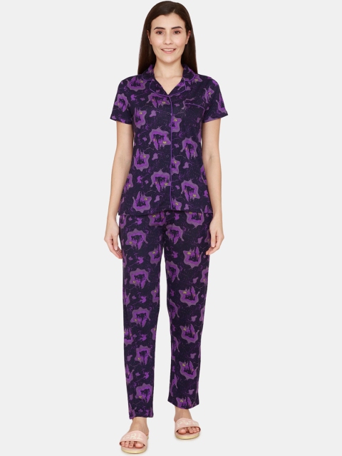 

Zivame Women Purple & Blue Printed Night Suit