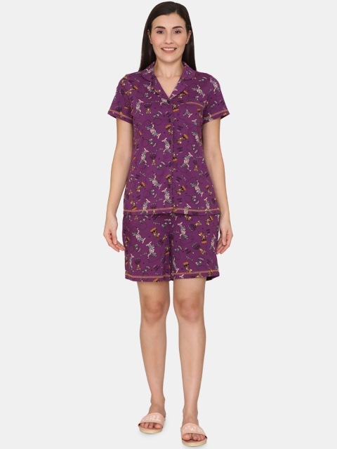 

Zivame Women Purple & Mustard Printed Pure Cotton Night suit