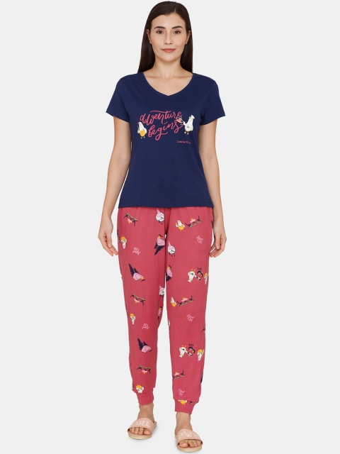 

Zivame Women Red & Navy Blue Printed Night suit