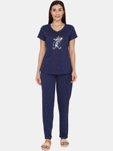 

Zivame Women Blue & Yellow Printed Night suit