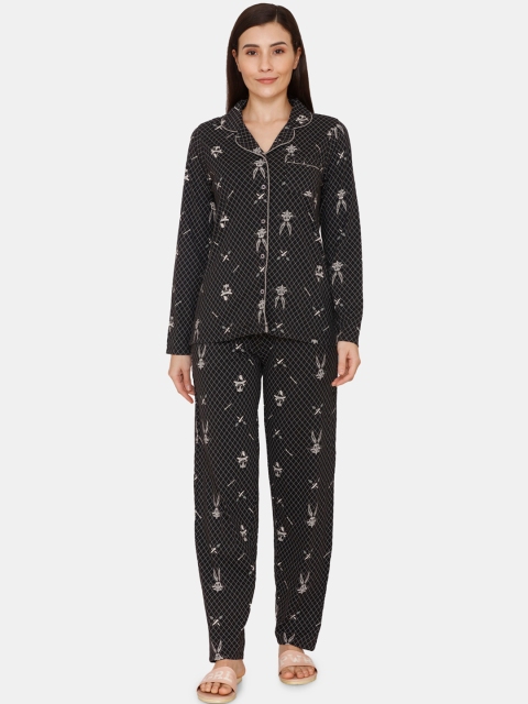 

Zivame Women Black & Grey Printed Pure Cotton Night suit