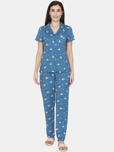 

Zivame Women Blue & Yellow Printed Night suit