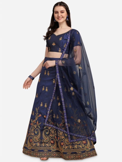 

Satrani Navy Blue & Gold-Toned Embroidered Zardozi Semi-Stitched Lehenga & Unstitched Blouse With Dupatta