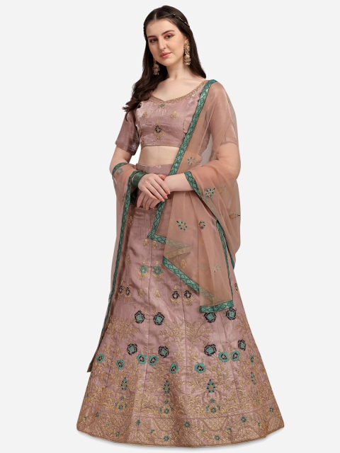 

Satrani Brown & Green Embroidered Semi-Stitched Lehenga & Unstitched Blouse & Net Dupatta