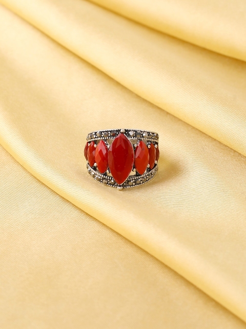 

VIRAASI Oxidised Silver-Plated Red Stone Studded Designer Adjustable Finger Ring