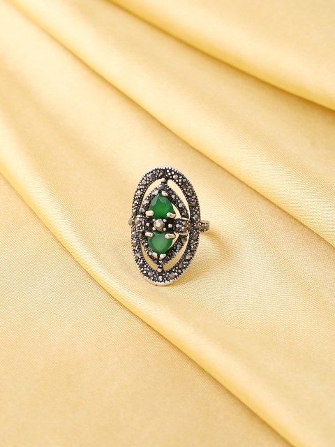 

VIRAASI Oxidised Silver-Plated Green Stone Studded Adjustable Finger Ring