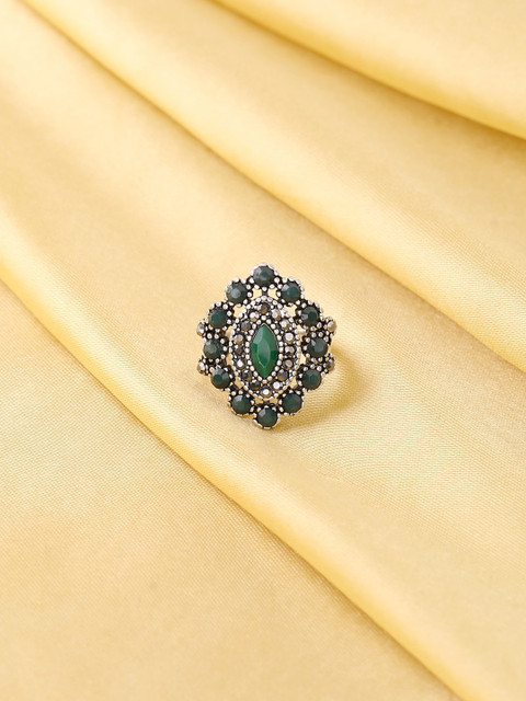

VIRAASI Oxidised Silver-Plated & Green Stones-Studded & Beaded Adjustable Finger Ring