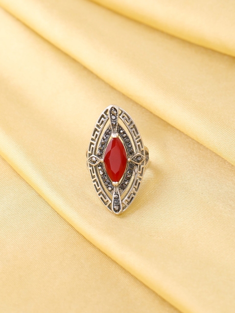 

VIRAASI Oxidised Silver-Plated Red Stone Studded Finger Ring