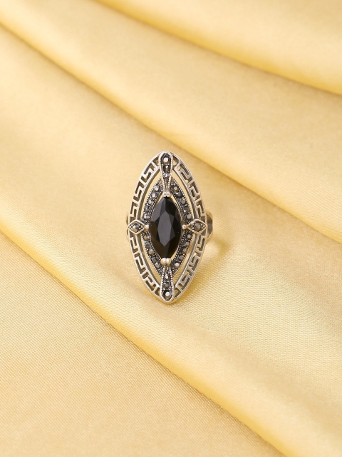 

VIRAASI Oxidised Silver-Plated Black Stone Studded Adjustable Finger Ring