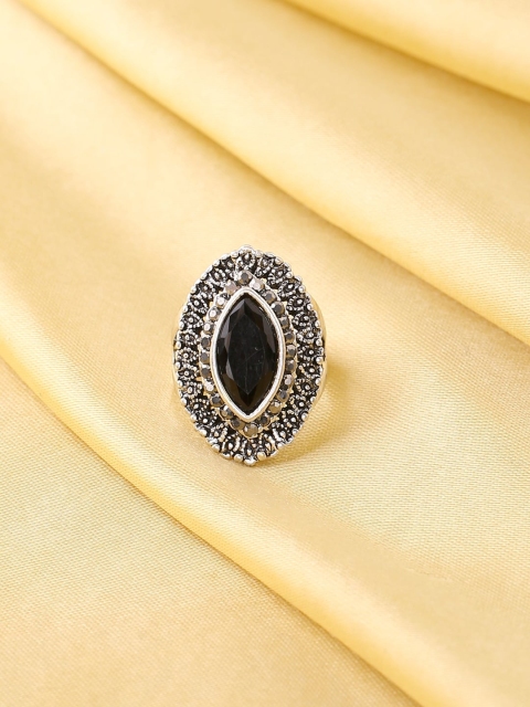 

VIRAASI Oxidised Silver-Plated Black & White Stone Studded Adjustable Finger Ring