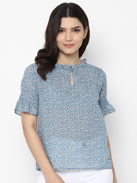 

Allen Solly Woman Blue Geometric Print Keyhole Neck Top