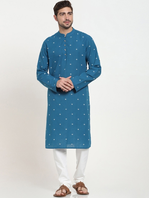 

Bewakoof Men Blue & White Geometric Embroidered Cotton Kurta