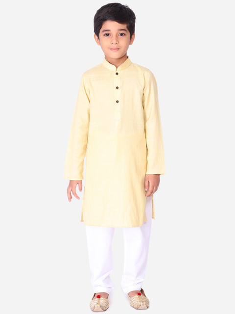 

NAMASKAR Boys Beige & White Linen Kurta with Pyjamas
