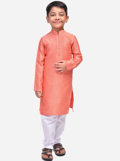

NAMASKAR Boys Peach-Coloured Ethnic Motifs Linen Kurta with Pyjamas