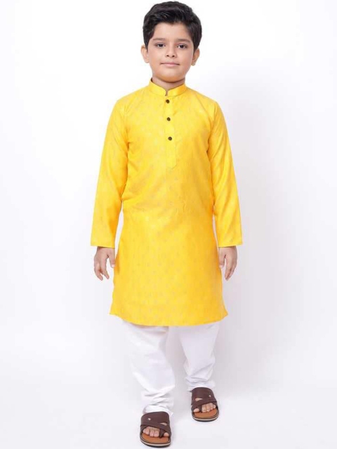 

NAMASKAR Boys Yellow & White Kurta with Pyjamas
