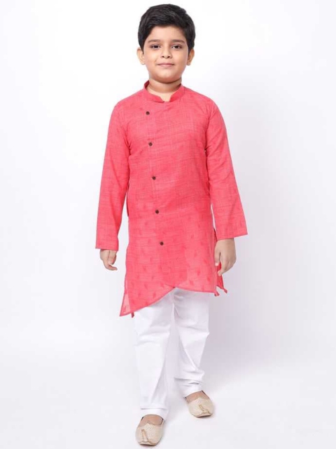

NAMASKAR Boys Pink Angrakha Pure Cotton Kurta with Churidar