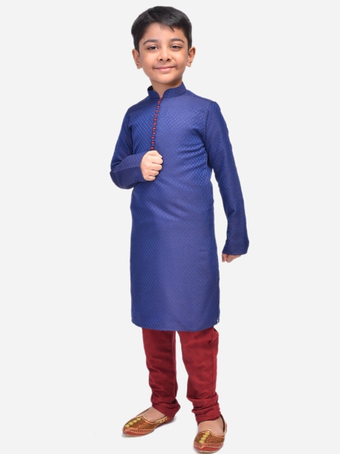 

NAMASKAR Boys Blue & Maroon Linen Kurta with Churidar