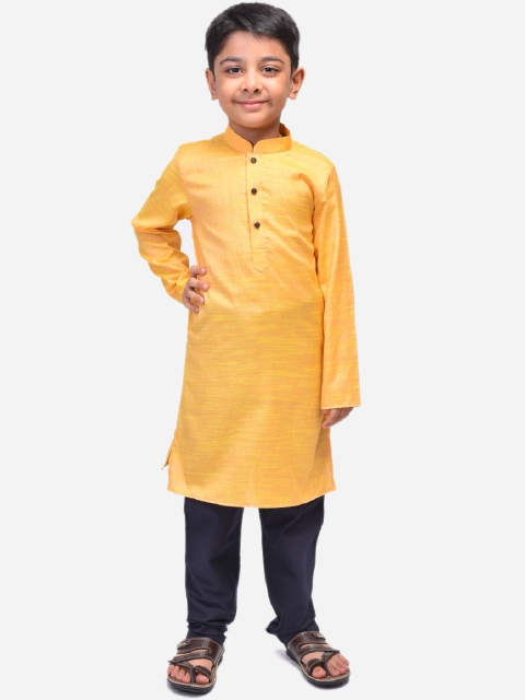 

NAMASKAR Boys Yellow Linen Kurta with Churidar