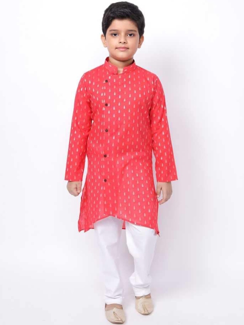 

NAMASKAR Boys Red Pure Cotton Kurta with Churidar
