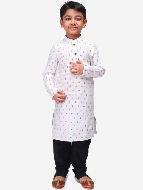 

NAMASKAR Boys White & Black Printed Linen Kurta with Churidar